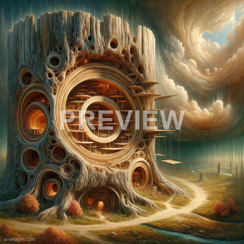 An enormous, fantastical tree-like structure with multiple circular openings and layered, spiraling platforms extends upward, resembling a blend of natural wood and surreal architecture. The interior of the structure glows with warm, orange light, contrasting with the cooler, muted tones of the surrounding landscape and the dramatic, swirling sky filled with large, billowing clouds. A winding path leads toward the base of the structure, and in the distance, there are jagged rock formations, with a small stream flowing nearby, creating a magical, otherworldly atmosphere.